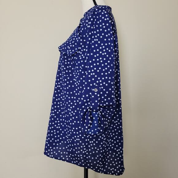 Notations L Tunic Top 3/4 Roll Tab Sleeve Stand Up V-Neck Polka Dot bBouse - Picture 6 of 15
